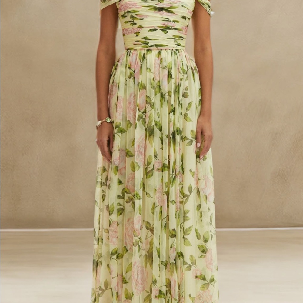 Floral Off-Shoulder Maxi Dress in Green and Pink